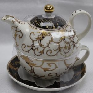 GRACE TEAWARE FLORAL SCROLL TEA FOR ONE-TEAPOT LID CUP & SAUCER-4PC-BLACK/WHITE